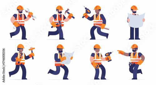 Construction workers in action with tools and blueprints, conveying efficiency and teamwork in the building industry