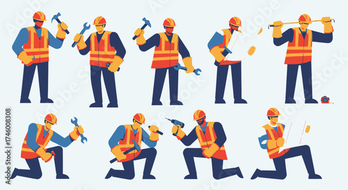 Construction workers in safety vests and hard hats performing various tasks with tools and blueprints, representing industry and labor