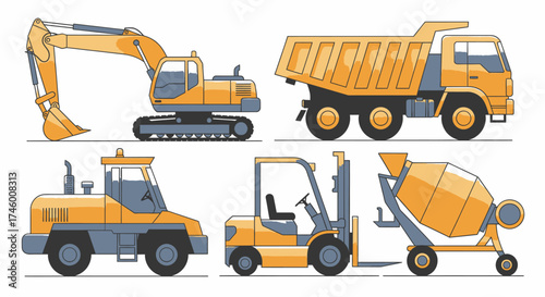 Construction vehicles illustration Excavator, dump truck, forklift, concrete mixer, and other machines