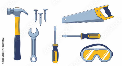 Essential Hand Tools Set for DIY, Construction, and Home Repair Projects. Vibrant illustration featuring hammer, saw, wrench, screwdrivers, nails, and safety glasses