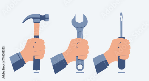 A Hand Holding a Hammer, a Wrench, and a Screwdriver