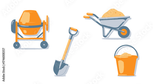 Construction equipment set concrete mixer, wheelbarrow with sand, shovel, and bucket