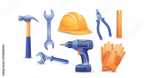 Diverse set of essential tools for construction, home improvement, and repair tasks, featuring a hammer, drill, wrenches, safety helmet, pliers, and work gloves