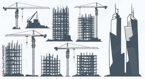Construction projects with cranes and skyscrapers being built