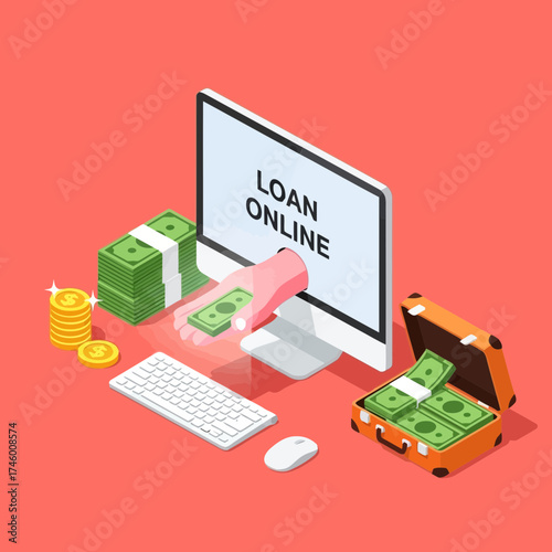 Online loan application concept with money, computer, and briefcase, representing financial services and digital transactions