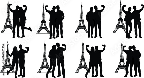 Couple and friends taking selfies in front of Eiffel Tower, Paris travel silhouette, romantic vacation, love and friendship photography illustration