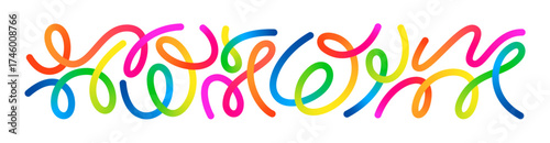 Abstract Color Gradient Lines Pattern. Vector Wave 3D Graphic Shapes with Gradient. Organic Rainbow Wavy Ribbons. Set of Fun Kid Doodle Colour Gradation Lines.