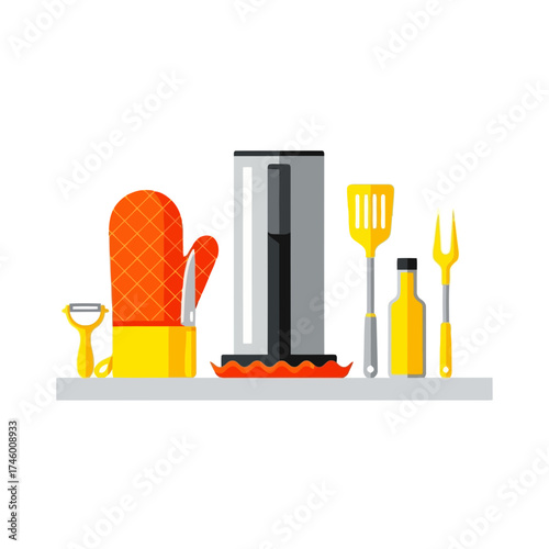 Collection of kitchen utensils and appliances including an oven mitt, peeler, kettle, spatula, bottle, and meat fork