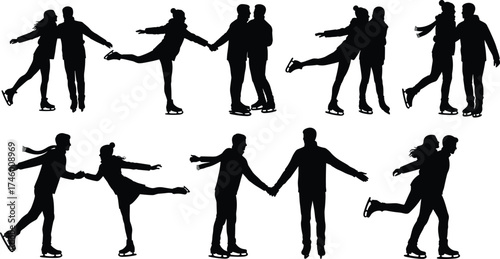 Couple ice skating silhouette, romantic people holding hands on ice rink, winter outdoor activity, love and fun in cold weather