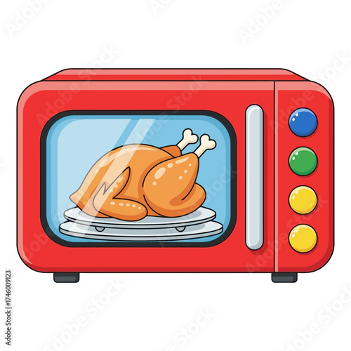 A cartoon illustration of a whole roasted chicken inside a bright red microwave oven, ready to be cooked or reheated