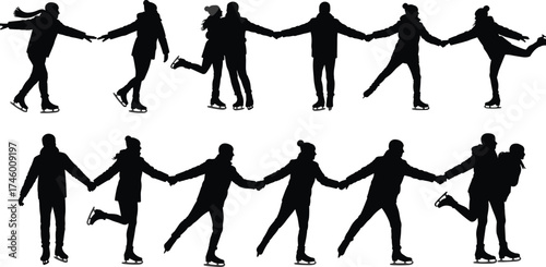 Couple ice skating silhouette, winter outdoor activity, romantic people holding hands on ice rink, cold season sport, love and fun