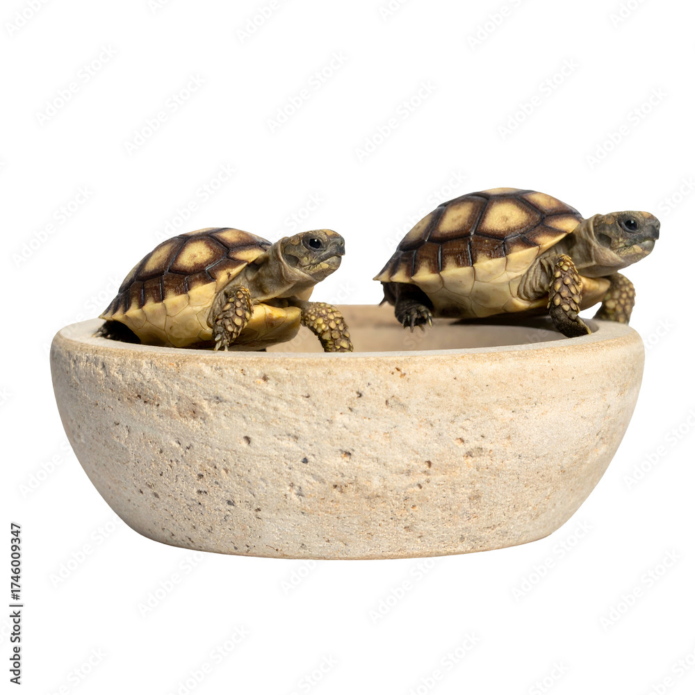 Naklejka premium Two young tortoises rest inside a textured stone bowl, isolated on a black background