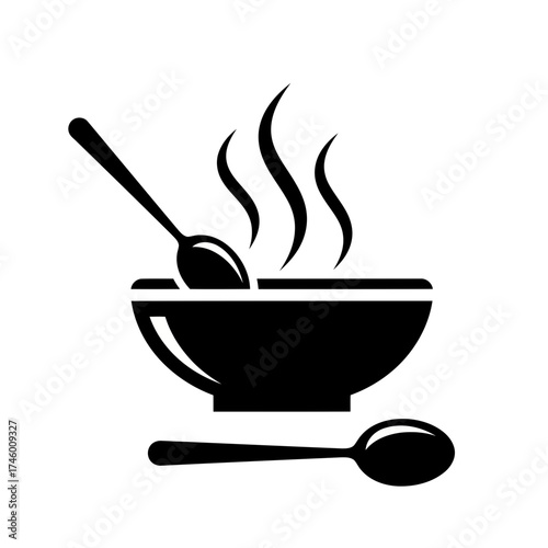 A black and white icon of a steaming bowl of soup with two spoons