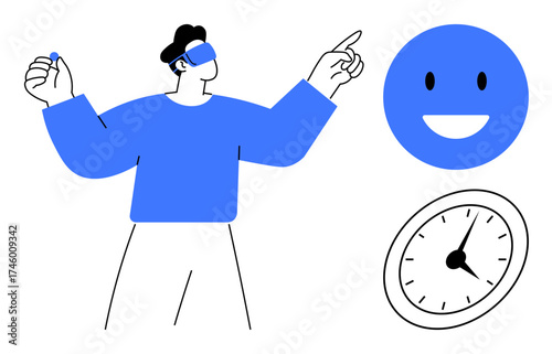 Man wearing virtual reality headset interacts with objects, including a smiling face and clock. Ideal for technology, virtual experiences, time, emotions, gaming, innovation, simple flat metaphor
