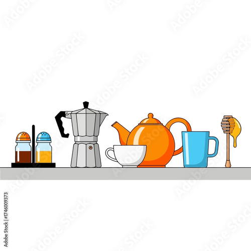 Kitchen counter with coffee maker, teapot, cups, salt and pepper shakers, and honey dipper