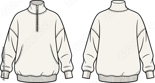 Cozy oversized pullover sweatshirt, half zip high neck jumper front and back view, unisex casual fashion design flat sketch template.