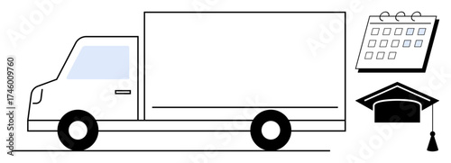 Truck indicating logistics, calendar symbolizing planning, and graduation cap for education. Ideal for education scheduling, logistics, academic services, deadlines, time management, preparation