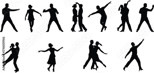 Dance couple silhouettes collection, ballroom and modern dance poses, romantic movement art, performance illustration, elegant vector design, dancing people concept