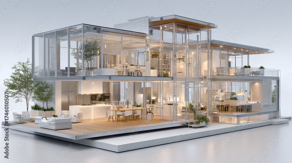 Fototapeta premium Modern glass house with spacious interior and outdoor areas