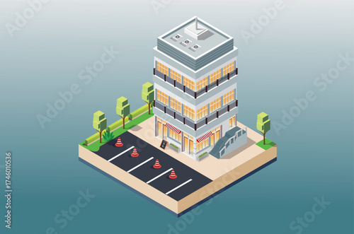 isometric illustration of a minimarket building with a car park near the main road. suitable for digital assets