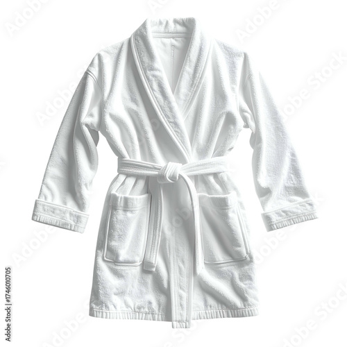 Top-down view of a fluffy white terrycloth robe with a belt and pockets