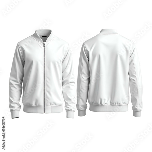 A white bomber jacket mockup, front and back views against a black background