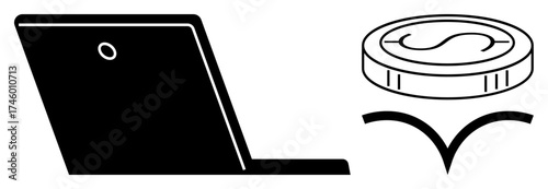 Laptop next to a bouncing coin, representing digital payments, e-commerce, and financial transactions. Ideal for online banking, remote work, fintech, savings cashless economy investments. Simple