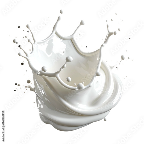 A dynamic, high-angle view of a splash of white liquid against a solid black background