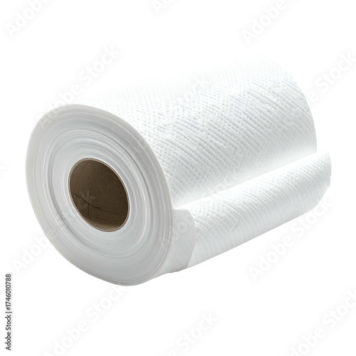A large roll of white paper towels, partially unwound, isolated on a black background