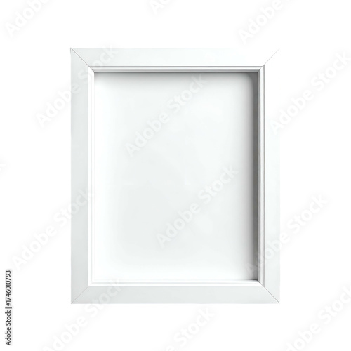 A simple, empty rectangular white picture frame on a black background, with visible shadows