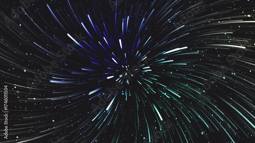 Spectacular animated hyperspace background with colorful light trails in vibrant blue, green, and white creating a mesmerizing warp speed effect.