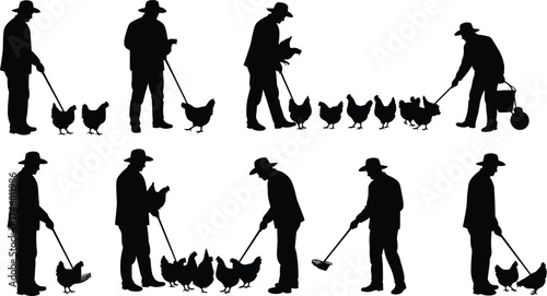 Farmer feeding chickens silhouette illustration, rural agriculture concept, countryside life design, poultry farm vector art, traditional farming background