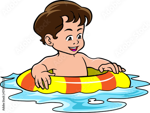 Boy floating on inflatable circle pool vector illustration isolated on white background