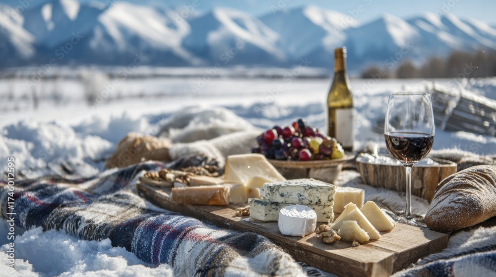 Fototapeta premium Winter picnic spread with assorted cheeses, grapes, wine, and bread on a blanket against snowy mountains