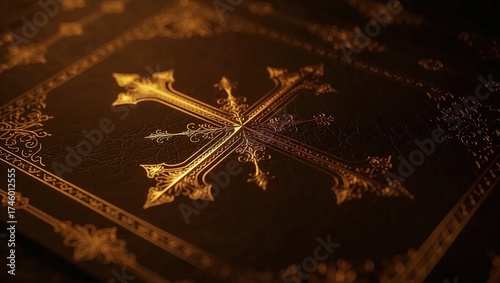 Golden Ornate Cross on Dark Background with Intricate Details and Warm Lighting.