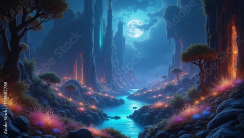 Wallpaper Mural Meteor impact crater transformed into a bioluminescent forest teeming with alien wildlife and crystalline pools Torontodigital.ca