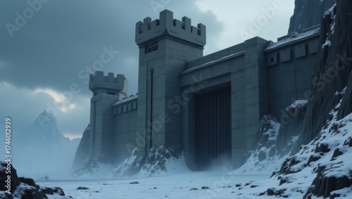 Wallpaper Mural Tundra fortress braced against filled sky, surrounded by icy cliffs and mechanical guard towers Torontodigital.ca