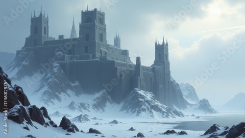 Wallpaper Mural Tundra fortress braced against filled sky, surrounded by icy cliffs and mechanical guard towers Torontodigital.ca