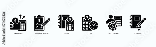 Financial Records Icon Set Isolated Vector Illustration Concept With Icon Of Expenses, Revenue Report, Ledger, Cost, Accountant, Journal,  In Black Style