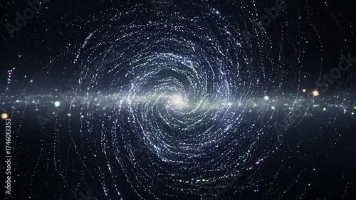 Abstract cosmic spiral galaxy with bright light and swirling particles in deep space.