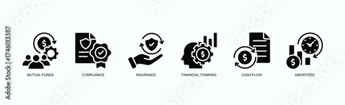 Prudent Portfolios Icon Set Isolated Vector Illustration Concept With Icon Of Mutual Funds, Compliance, Insurance, Financial Thinking, Cash Flow, Amortized,  In Black Style