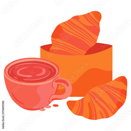 Modern coffee poster illustration with croissants and coffee on white background. Minimalist placard with a cup of coffee and croissants in warm retro tones perfect for coffee shop wall art, decor