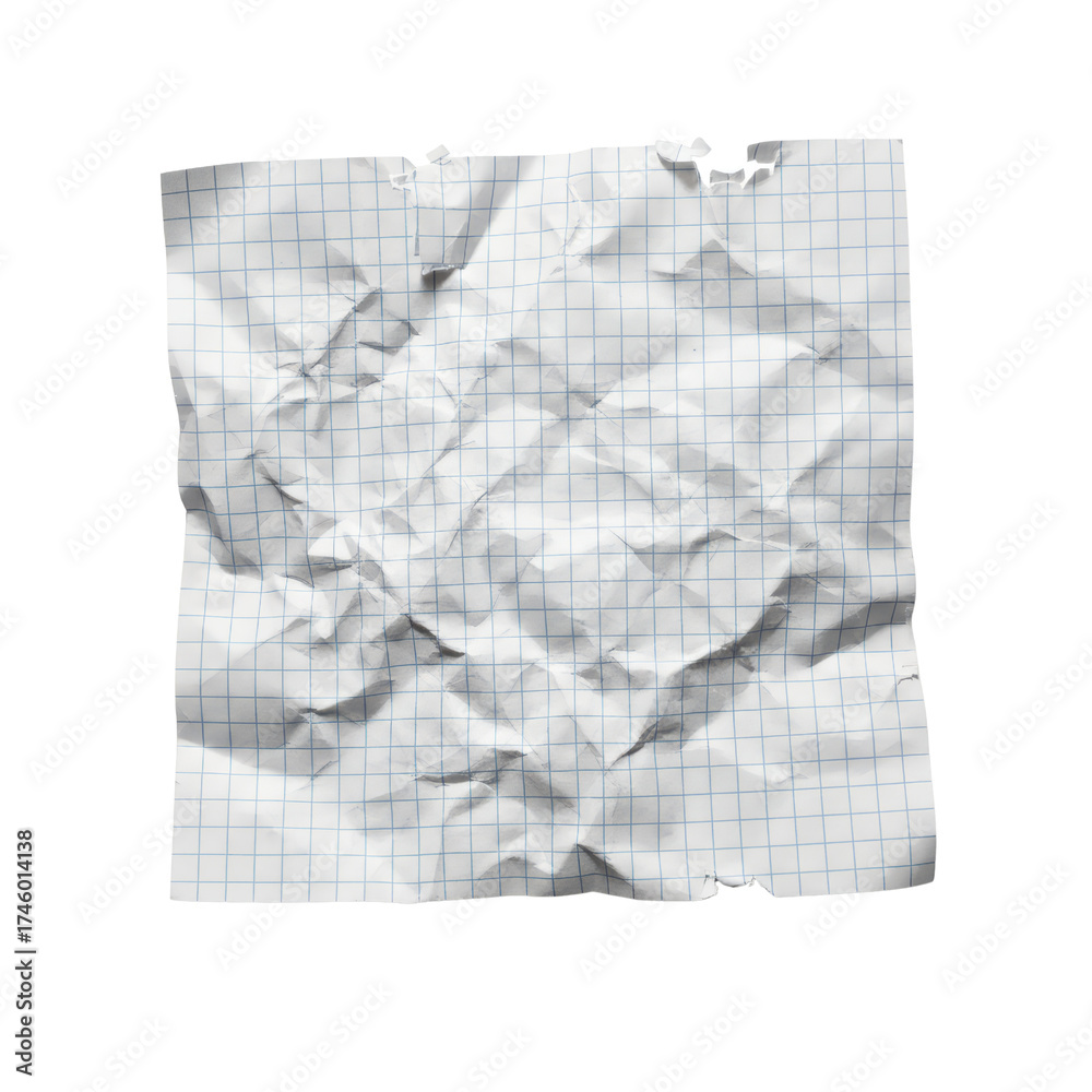 Obraz premium Isolated crumpled graph paper square with transparent backdrop for versatile design usage