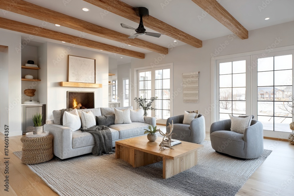 Fototapeta premium Modern living room with wooden beams and large windows