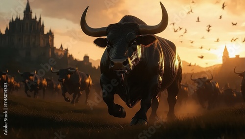 Powerful Buffalo Herd Charges Through Ancient City at Sunset.