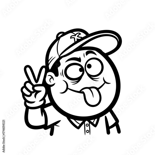 Cartoon boy wearing cap, sticking out his tongue and making peace sign