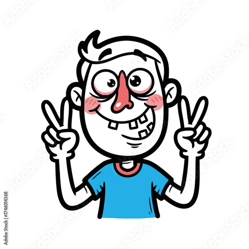 Cartoon boy with big eyes and buck teeth, making peace sign