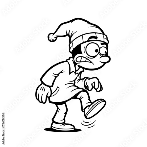 Cartoon boy in winter hat walking cautiously with worried expression