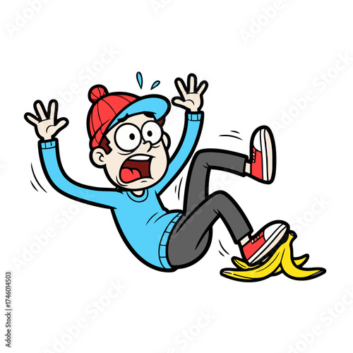Surprised man in blue shirt and red hat slipping on banana peel, with arms flailing and eyes wide