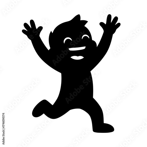 Silhouette cartoon character jumping with arms raised in excitement and wide smile